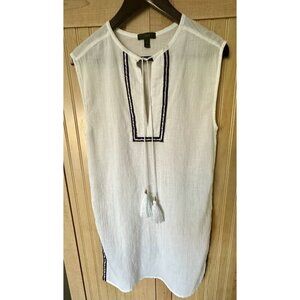 J Crew White Cotton Swim Cover Up Sz XXS V Neck Gauzy Navy Blue Trim Tie Tassels